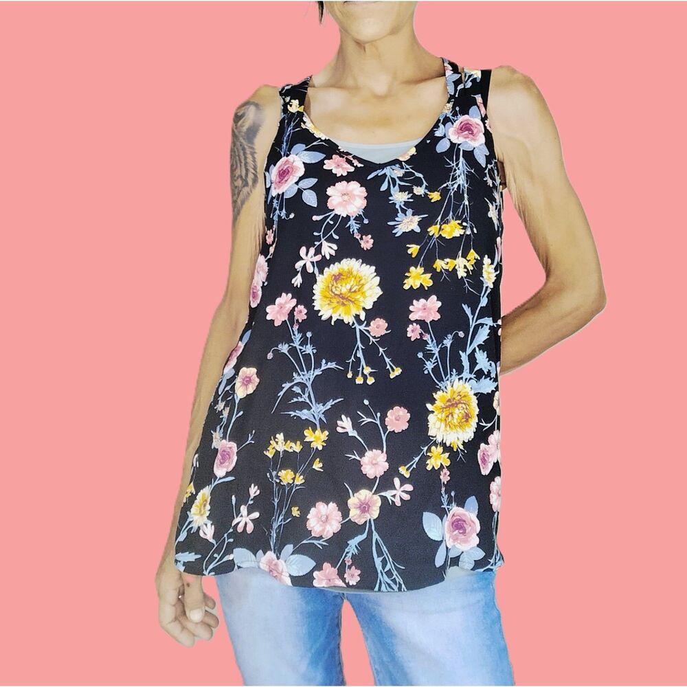 Pink Rose ~ Black Floral Boho Crossover Strap Tank Top ~ Medium & Lightweight